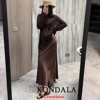KONDALA Vintage Casual Brown Satin Long Skirts Women High Waist Elastic Straight Mocha Mousse Skirts Fashion 2025 Elegant Skirts - Image 4