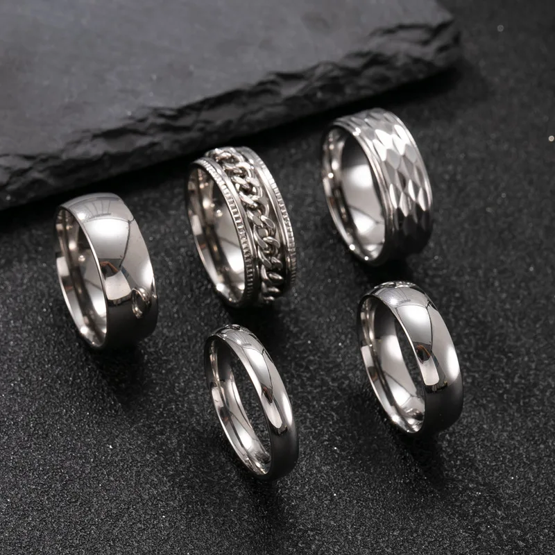 Polished Silver Stainless Steel Stackable Ring Pack, Plain Smooth Bands With Retro Carved Decor, Multi‑piece Finger Set For Men