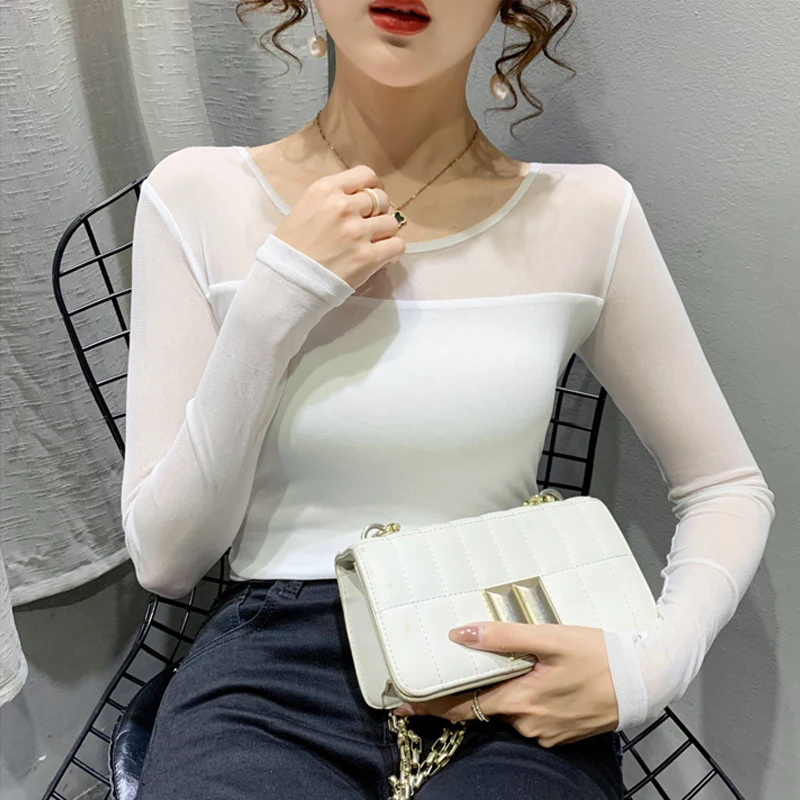 Autumn Winter Round Neck T shirt Women Sexy Mesh Bottoming Shirt Long Sleeve Solid Color Slim Fit Long Sleeve Casual Tops