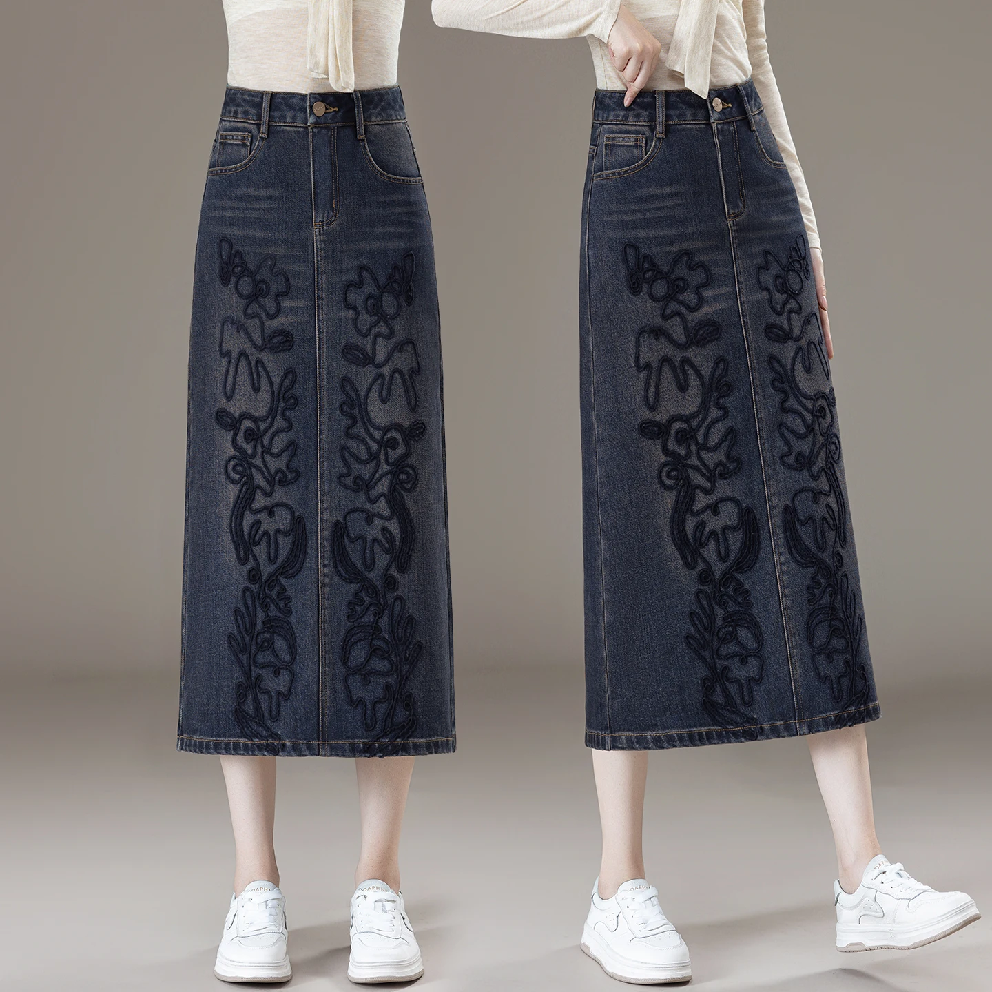 Jupe en jean brodée rétro, taille haute, mi-longue, coupe droite, pour femmes, nouvelle collection printemps automne, mélange de coton décontracté