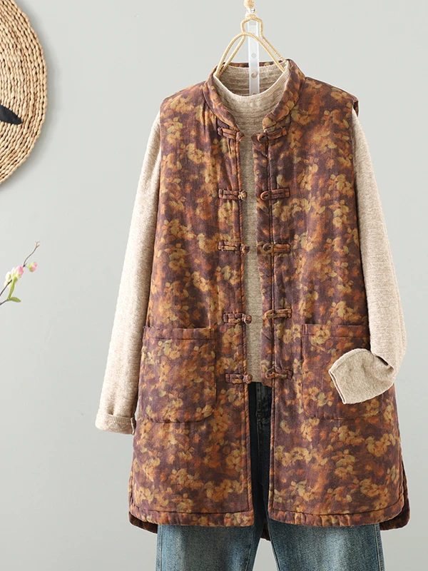 

Новинка 2025 года, зимний китайский жилет с воротником-стойкой и принтом, женский теплый жилет средней длины на хлопковой подкладке, верхняя одежда Svel Jaet