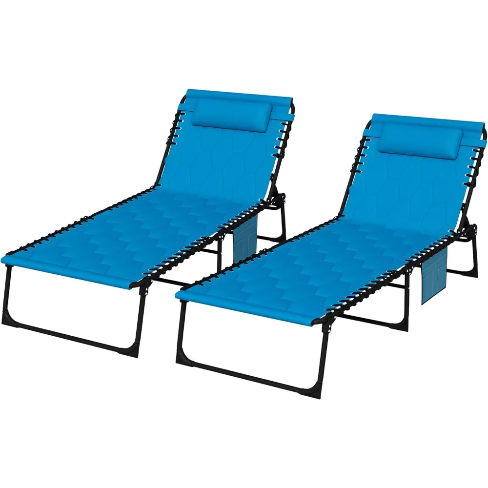 

Folding Chaise Lounge Set of 2 with 5-Level Reclining Back, Outdoor Lounge Tanning Chair with Padded Seat, Side Pocket & Headre
