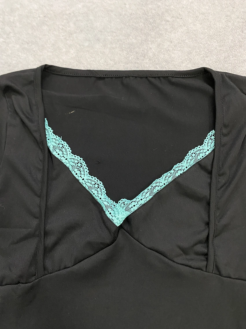 Summer Women Slim Crop Tee Contrast Light Green Lace Trim V Neck Cap Sleeve Short T-shirt Y2K Daily Casual Aesthetic Basic Tops