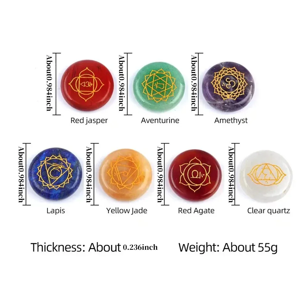 7 teile/paket 0,984 zoll Runde Form 7 Chakra Naturstein Ornament Amethyst Quarz Energie Gravierte Symbole Reiki Wahrsagerei Heilung – Detail 4