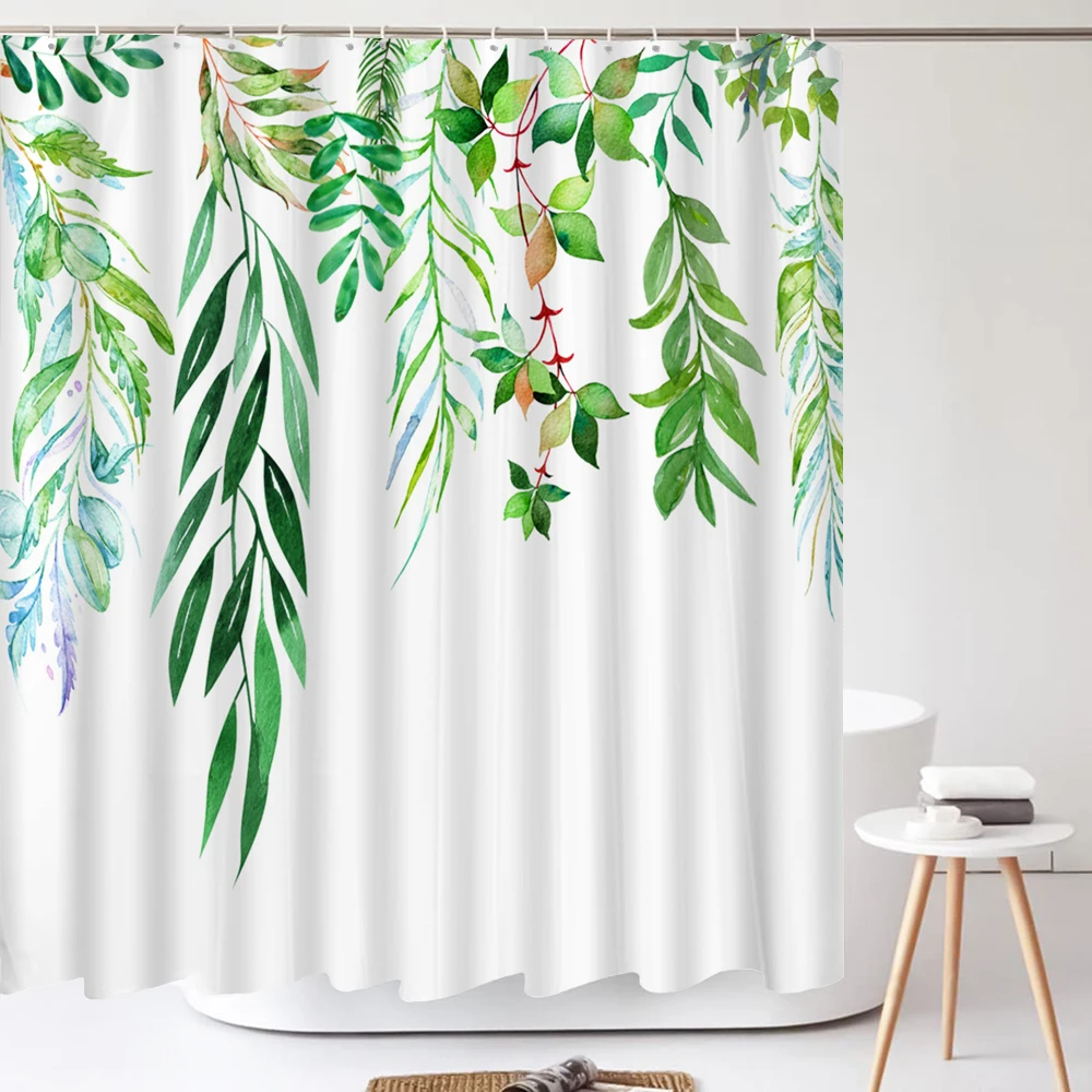 Green Leaves Plant Flower Butterfly Shower Curtain Watercolor Floral Waterproof Fabric Bath Curtains Bathroom Accessorie Decor