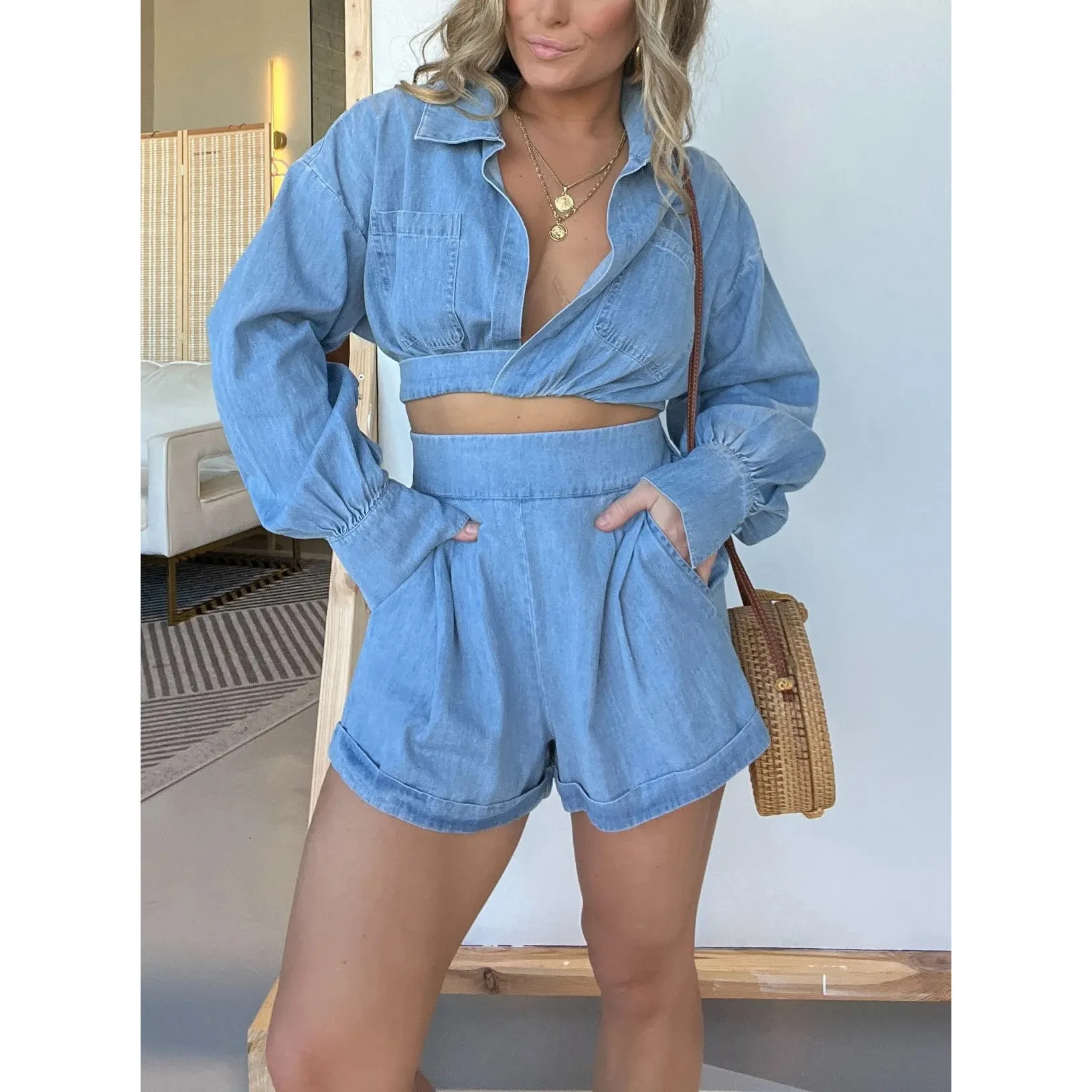 

Summer Spring Two Piece Sets Womens Outifits Denim Shirt Short Tops and Sexy Shorts Tracksuit Casual Outfit Women Blouse Tops