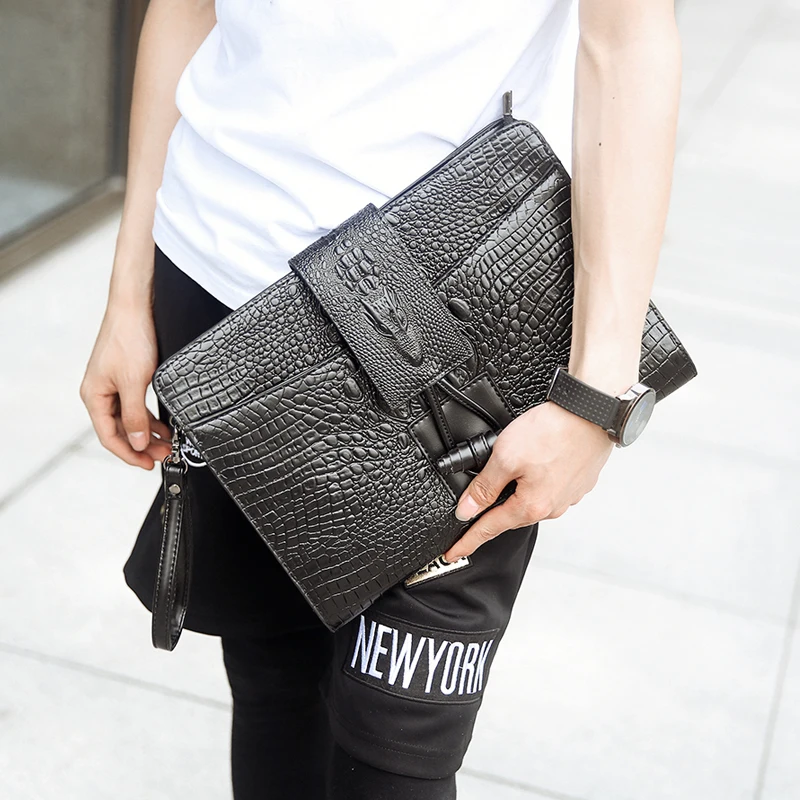 

Fashion Men Clutch Bag PU Leather Crocodile Pattern Cross Body Shoulder Bags Envelope Clutches with Wrist Strap