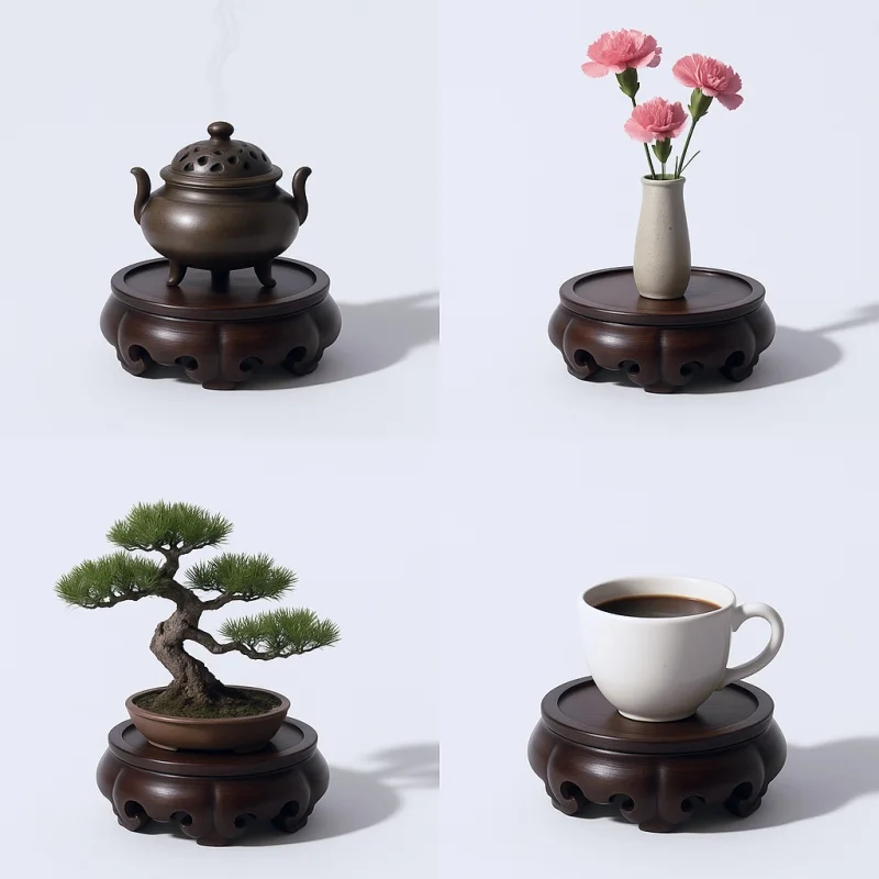Black Wood Round Display Stand, Hollow Carved Base for Teapot Vase Crystal Ball, Solid Ebony Wood Pedestal for Home Office Decor