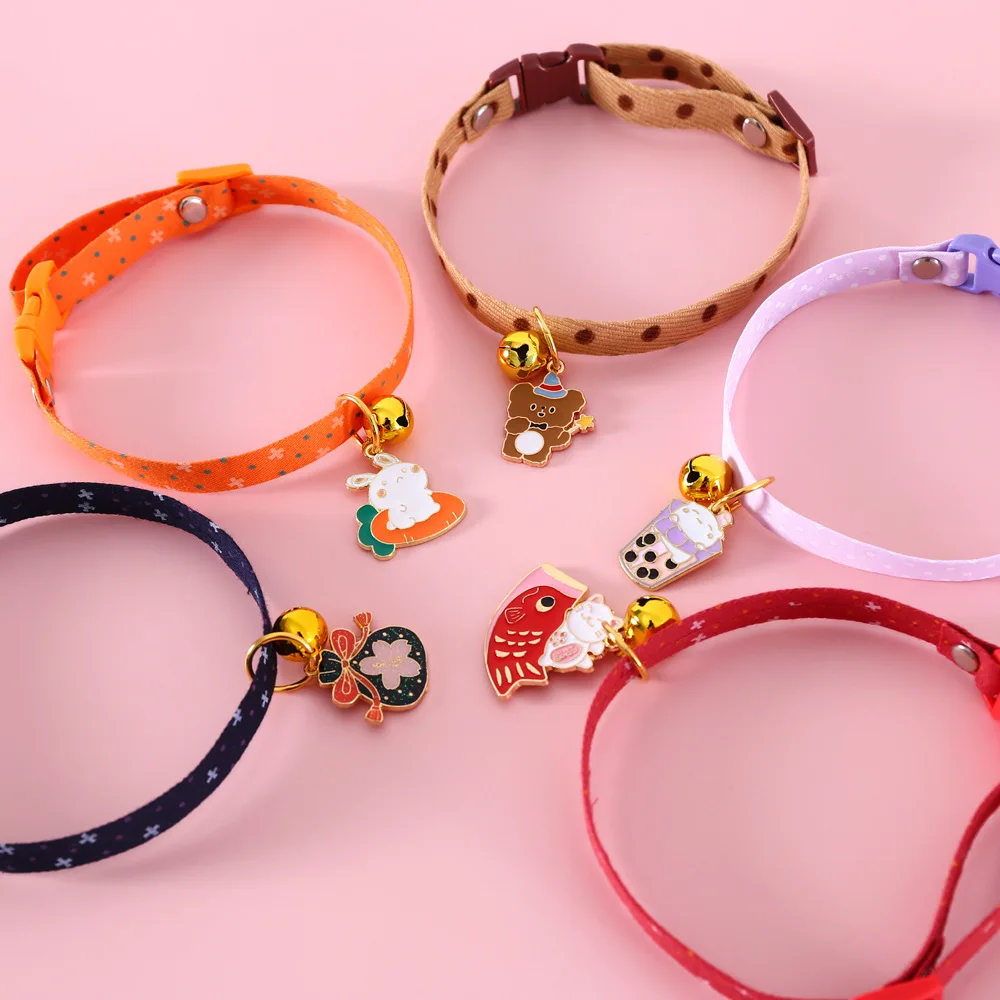 Cat Bell Collar with Cute Cartoon Pendant Colorful Polka Dot Printed Single Layer Fabric Collar Adjustable Cat Puppy Necklace