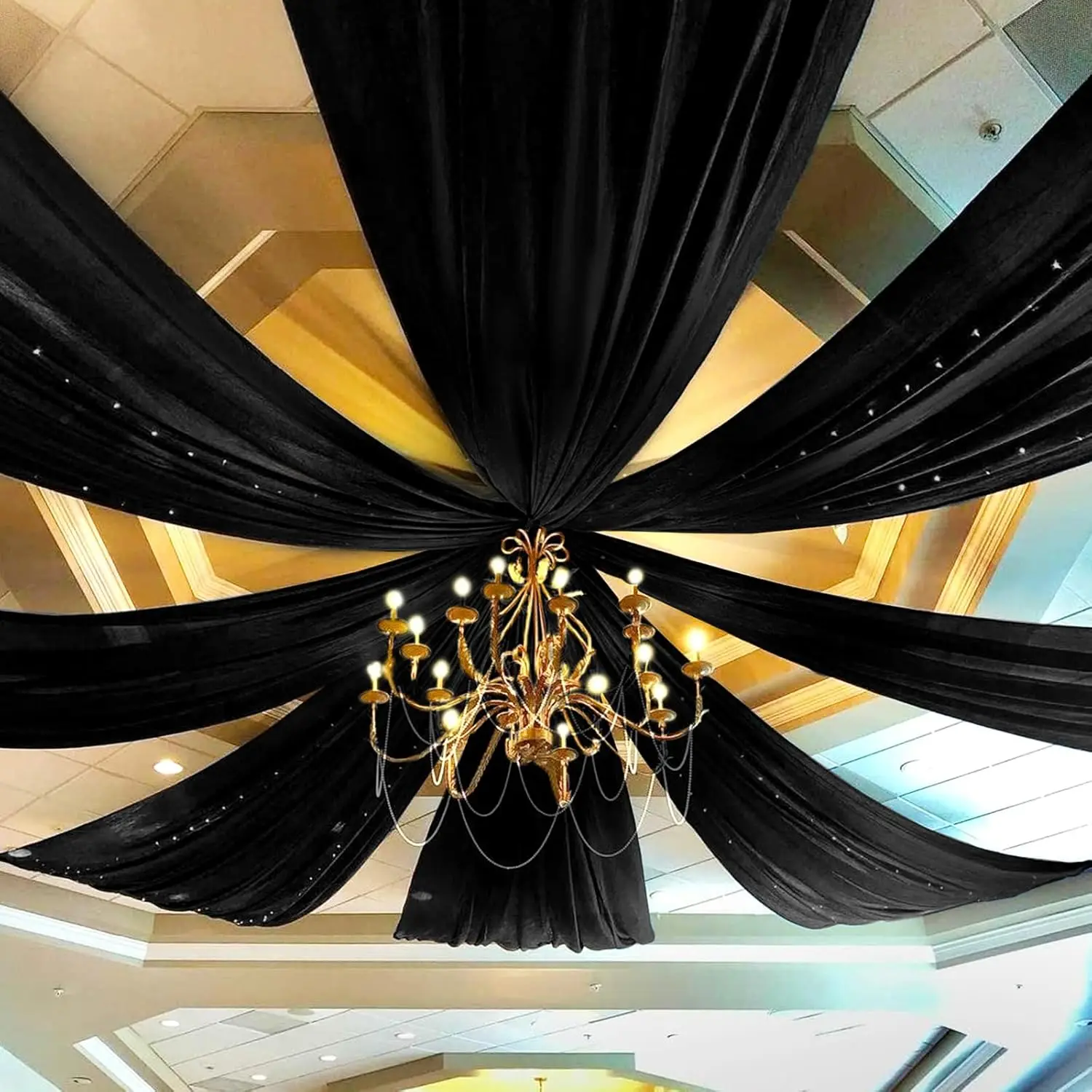 

12 Panels Black Ceiling Drapes for Wedding 5ftx10ft Chiffon Fabric Arch Draping Curtains Sheer Drapery for Party Ceremony Birthd