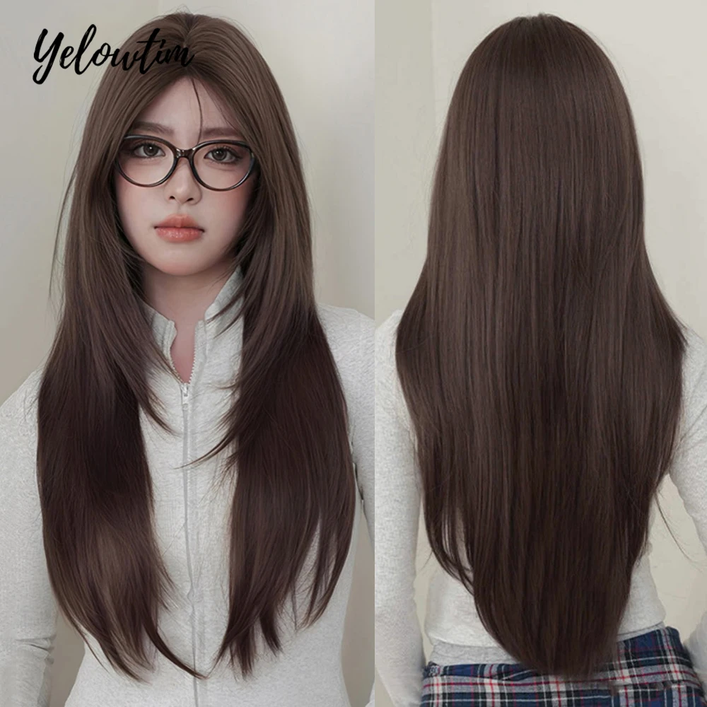 

Yelowtim Synthetic Long Silky Straight Middle-Parted bangs High-Layered Wigs With Bangs Brown Cosplay Party Lolita Hair Wigs