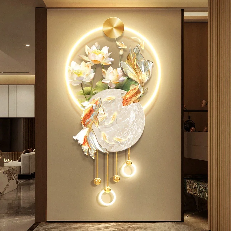 

Luxury Koi Carp & Fish LED Mural Light, Lotus Hanging Painting Decor for Living Room/Study/Corridor | Art Wall Lamp
