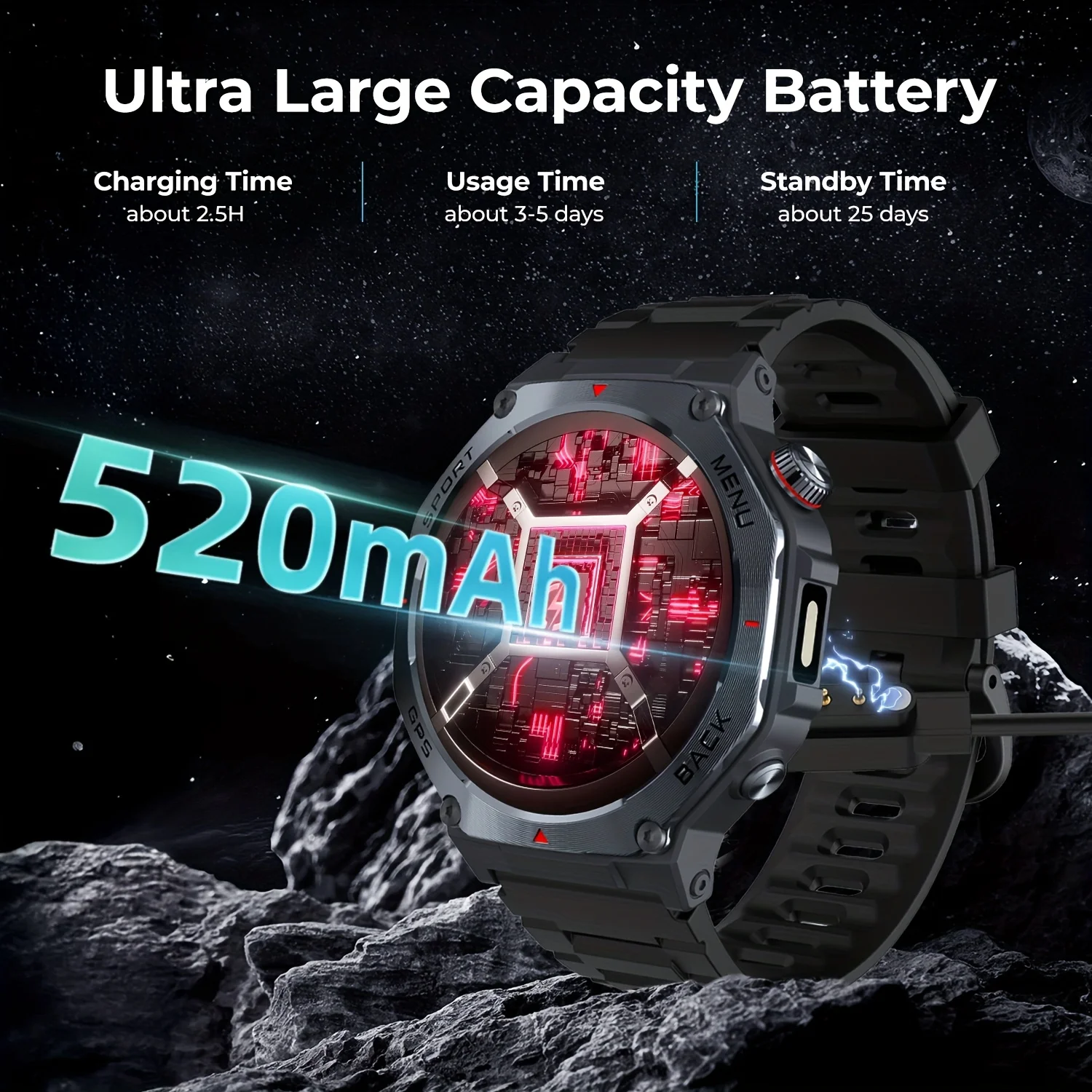 New Smartwatch Dual Band GPS Military Smart Watch 1.43inch Life Waterproof Resistant 520mAh Battery Altimeter Compass SmartWatch