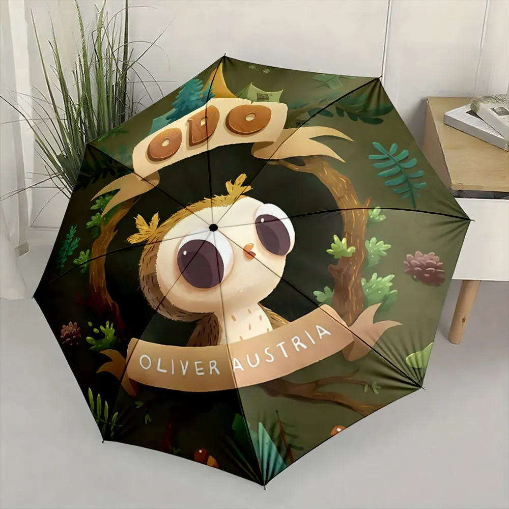 Cute Owl in Forest Theme Illustration Umbrella Compact Fashion Folding Umbrella for Daily Use, Christmas Gift