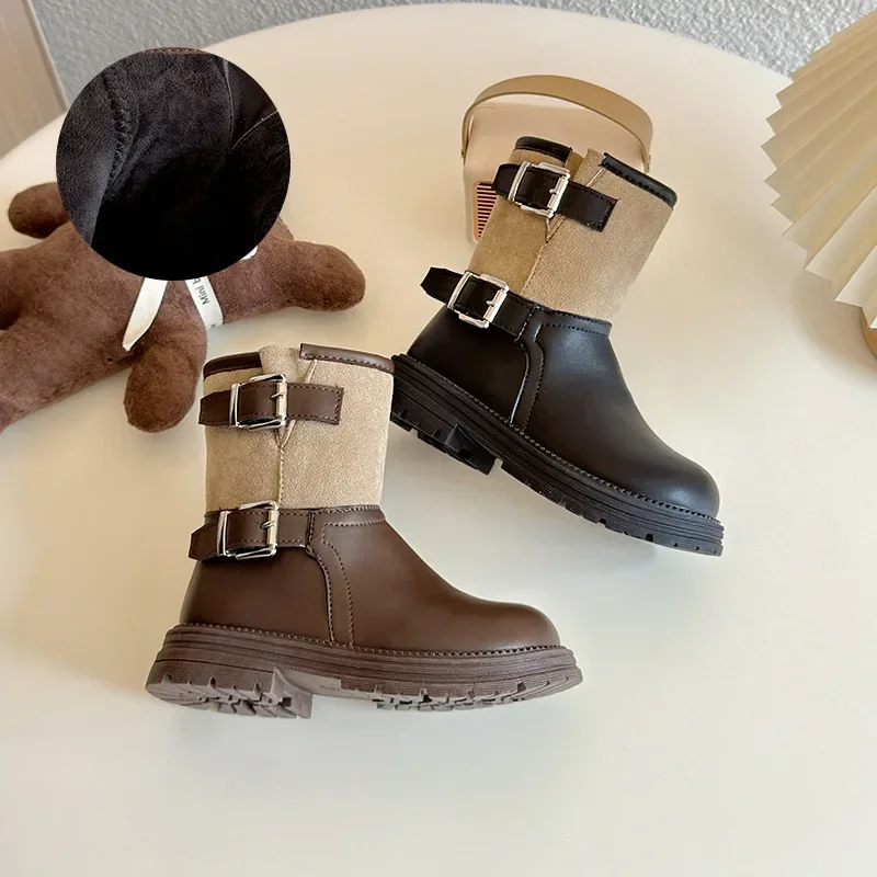 Kinder Mode Stiefel für Mädchen 2024 Winter Neue Koreanische Stil Weiche Sohle Trend Montage Farbe Vielseitig Laufsteg Chic Leder Schuhe