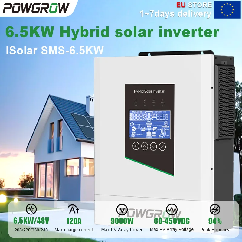 POWGROW 5KW Hybride Off-Grid Omvormer 24V MPPT 60-450VDC 9000W PV 160A Lader 10KW Piekstroom 10ms Schakelaar 93,5% Efficiëntie Werkzaam zonder batterij Thuisgebruik