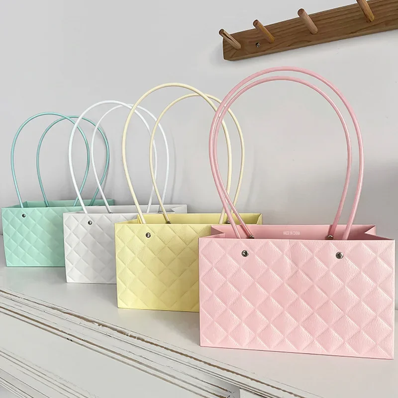 Macaron Lattice Flower Gift Bag Waterproof Bouquet Packaging Tote Bag Floral Handbag For Wedding Birthday Party Valentine's Day view 2