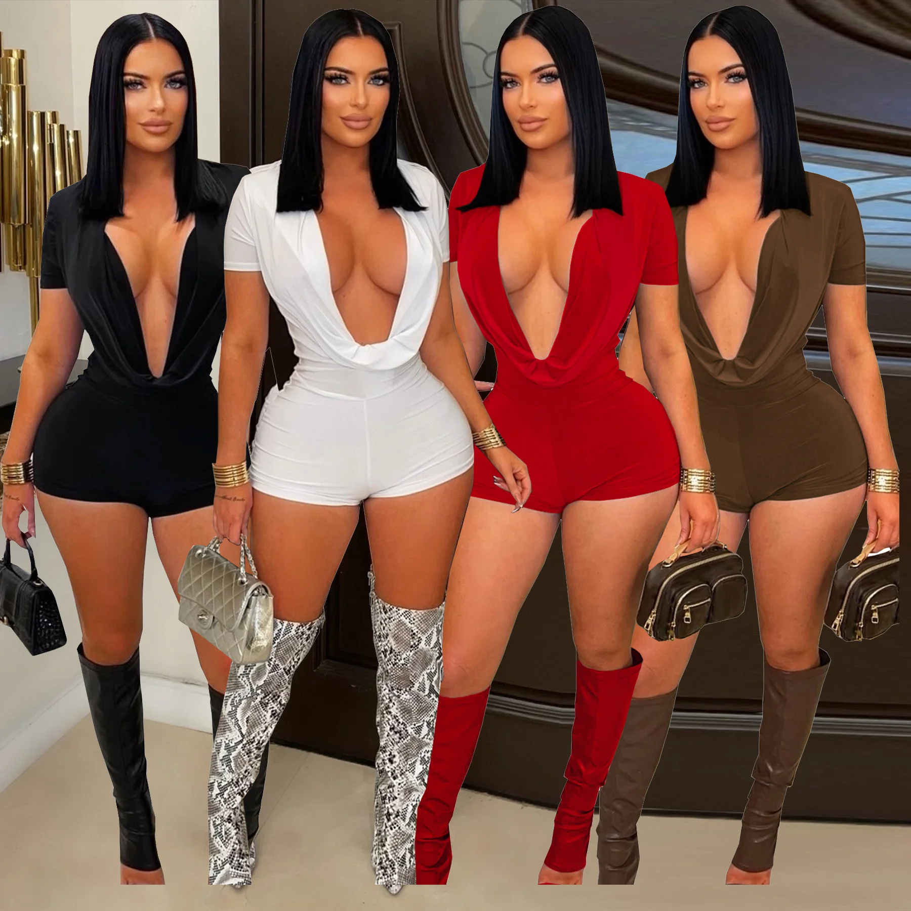 

Сексуальные комбинезоны с v-образным вырезом, осенняя одежда 2024, женская уличная одежда Y2K, элегантный роскошный облегающий модный цельный однотонный комбинезон