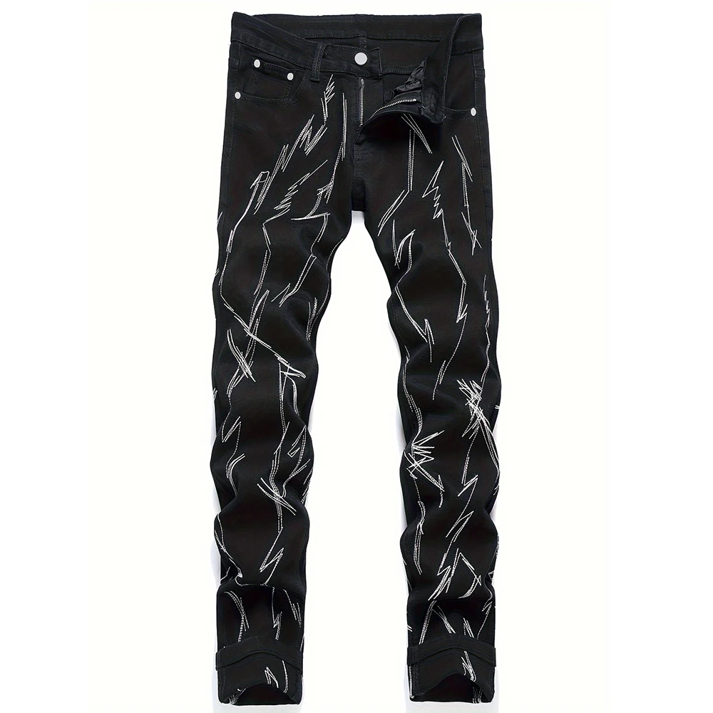 

Мужские джинсовые джинсы с вышивкой, уличная одежда, тонкие зауженные эластичные брюки, повседневные черные брюки контрастного цвета