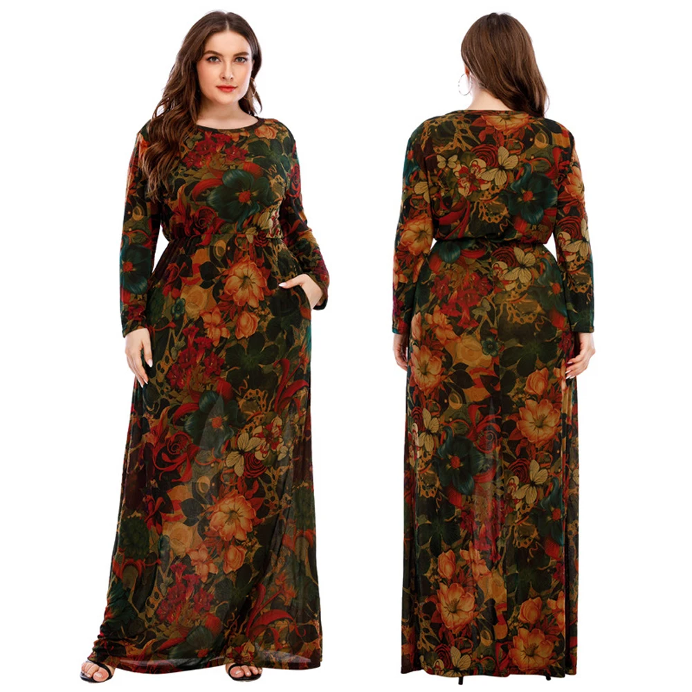 XL-6XL Curvy Ladies Dresses 2024 With Long Sleeve Elegant Dress For Chubby Plus Size Clothing Mother Gift 40 50 60 Years Old