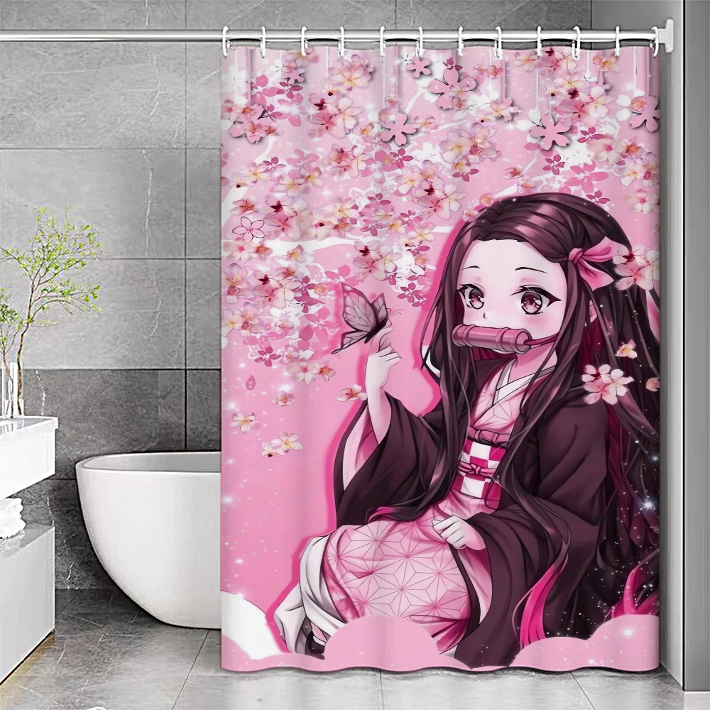 Kawaii Anime Girl Demon Slayer Nezuko Bath Curtain Pink Sakura Shower Curtains Bathroom Decoration Shower Curtain With Hooks