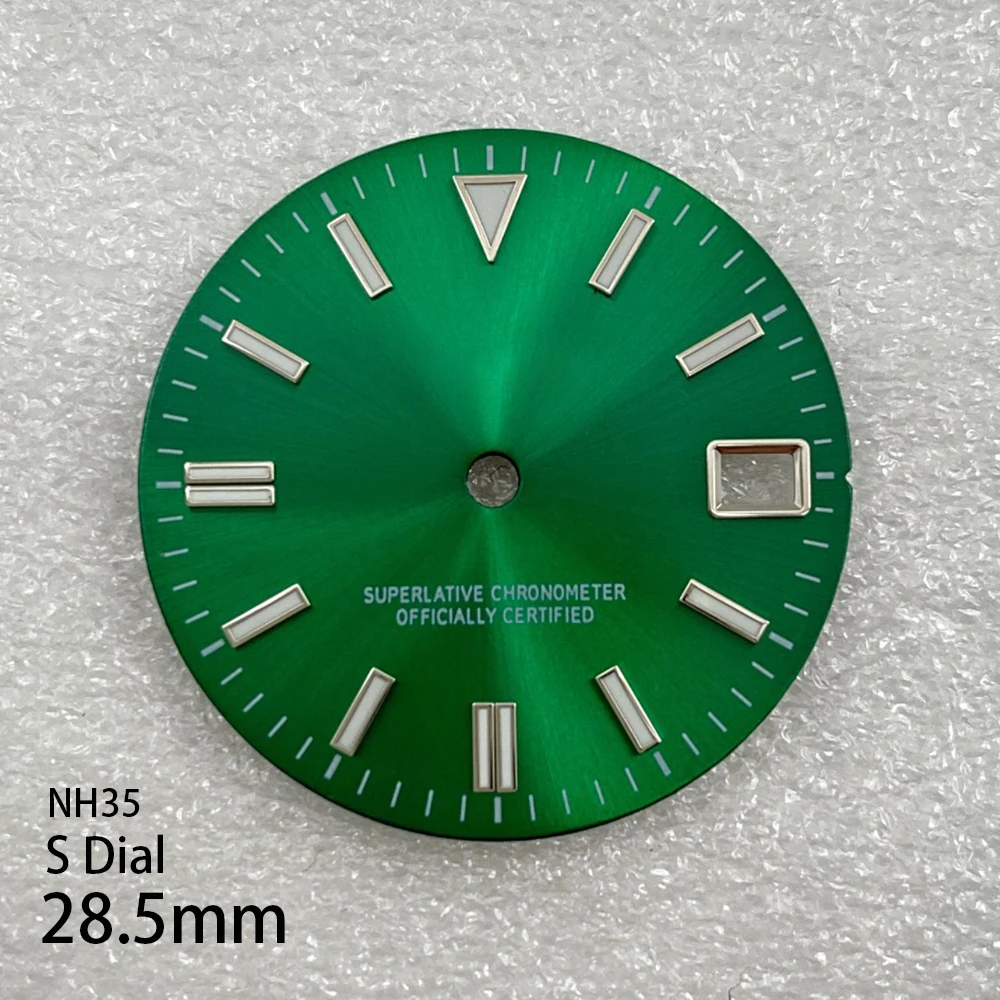 28.5mm S Logo Sunray Dial Suitable For NH35/NH36 Movement Green Lminous Quality Watch Modification Accessories