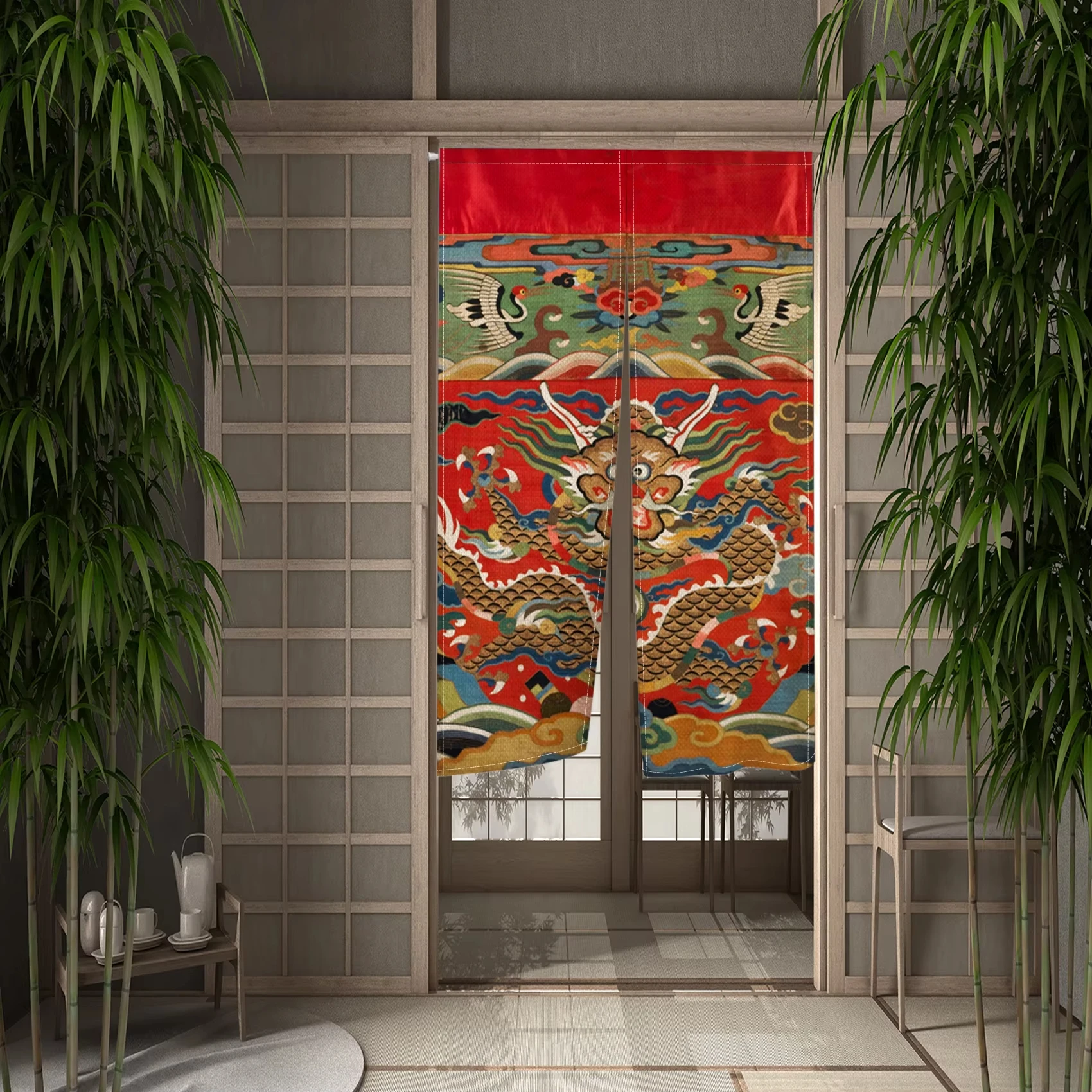Chinesischer Robenmuster-Türvorhang Traditioneller Roter Glücksverheißender Druck Baumwoll-Leinen-Vorhang für Eingang und Schlafzimmer