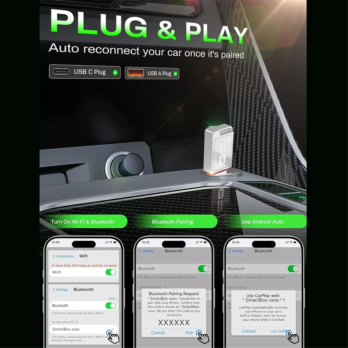 

2025+ 2-in-1 Wireless CarPlay Adapter Support CarPlay&for Android Auto,Bluetooth USB Dongle Convert Wired to Wireless Adapter