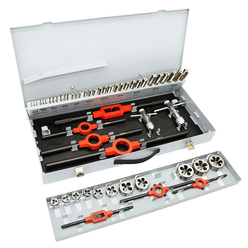 factory price  M3~M20 tool set HSS M2 Hand Tap and die  set  in grey Metal Box hand tool DIY kit