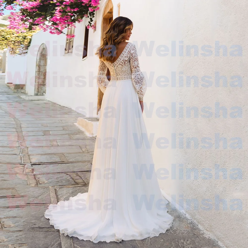 Maßgeschneiderte Boho-Hochzeitskleider, Neu eingetroffen, Spitze, lange Ärmel, V-Ausschnitt, A-Linie, durchsichtig, böhmische Chiffon-Strand-Brautkleider – Detail 6