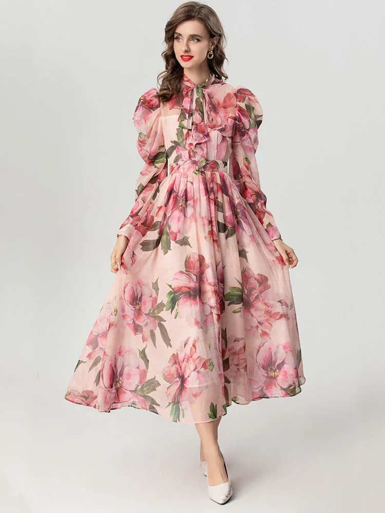 

Fashionable Women Brighting Lines Chiffon Flower Printing Dress Scarf Collar Bow High Street Vestidos Sliming Wear