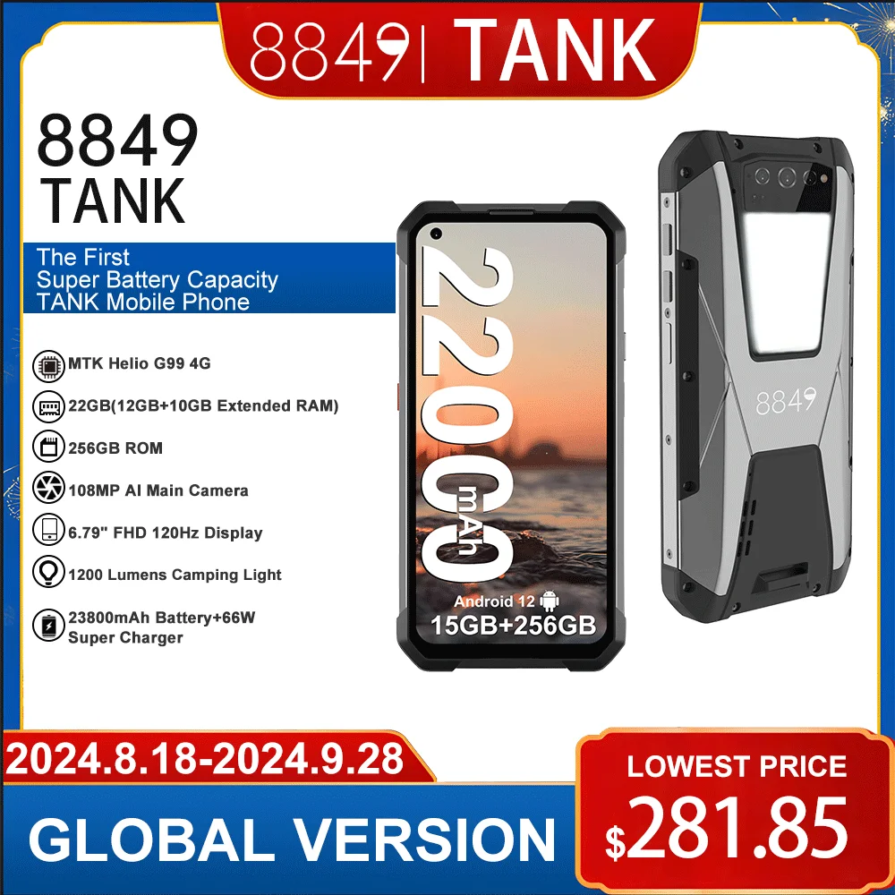 8849 By Unihertz Tank Rugged Smartphone 15GB 256GB 22000mAh Battery 108MP Night Vision G99 Mobile Phone Outdoor Cellphone