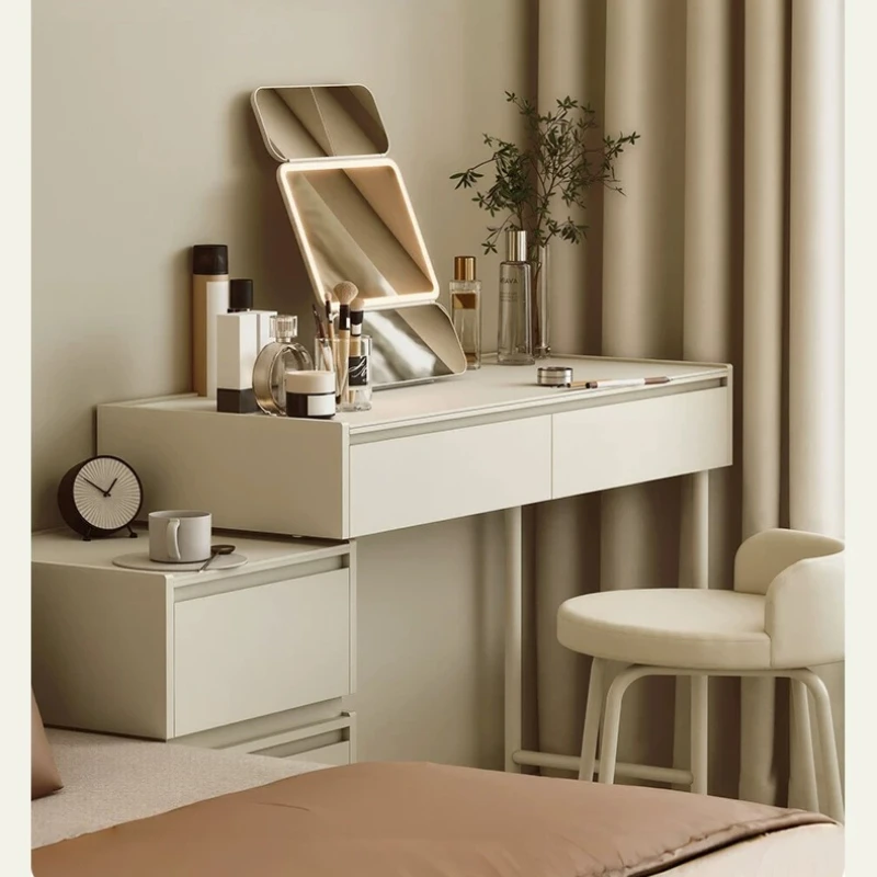 F*-All Metal Narrow Vanity Table Set With Tri Fold LED Light Mirror Multi Tier Cosmetic Organizer