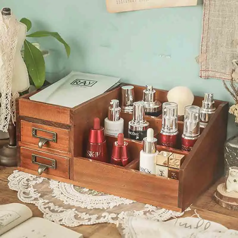 

Desktop Storage Drawers Vintage Wooden Organizer Display Box Tabletop Jewelry Cosmetics Sundries Holder Container For Bedroom