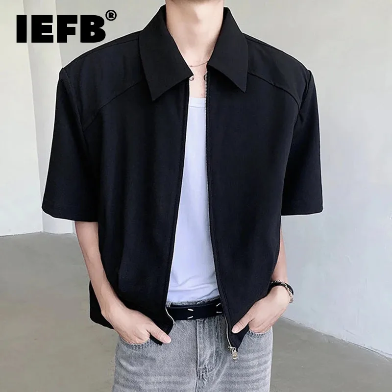 

IEFB 2024 Summer Men's Jacket Simple Handsome Short Sleeve Coat Double Zipper Design Lapel Fashion Solid Color Male Top 9C5896