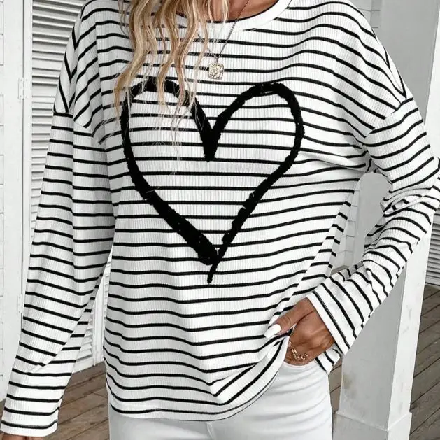 Women Tops Print Striped Tees Simple Base Shirt Top Casual Loose Regular Round Neck Full Sleeve Splice Autumn Office Ladies