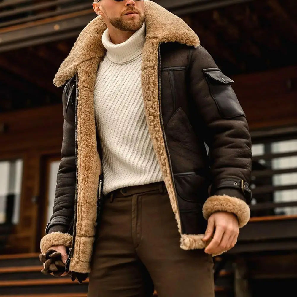 

Faux Fur Plush Lining Thickened Men Jacket Retro Mid-length Turndown Collar Plush Lined Velvet Jacket Windproof Winter Outerwear