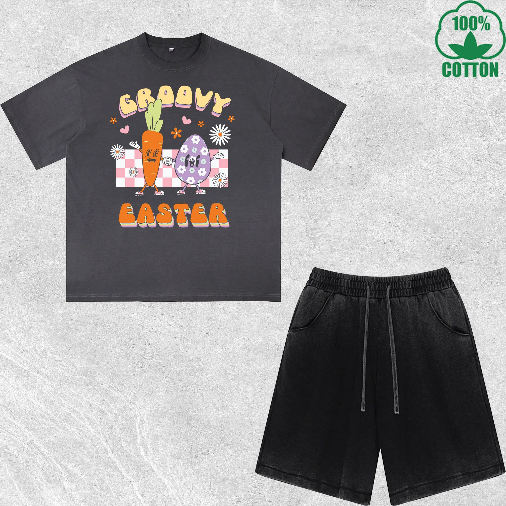 

Western Easter Printed Dirty Wash T-Shirt Shorts Set Multicolor Combo Loose Trendy Fashionable 100%Cotton Short Value Pack