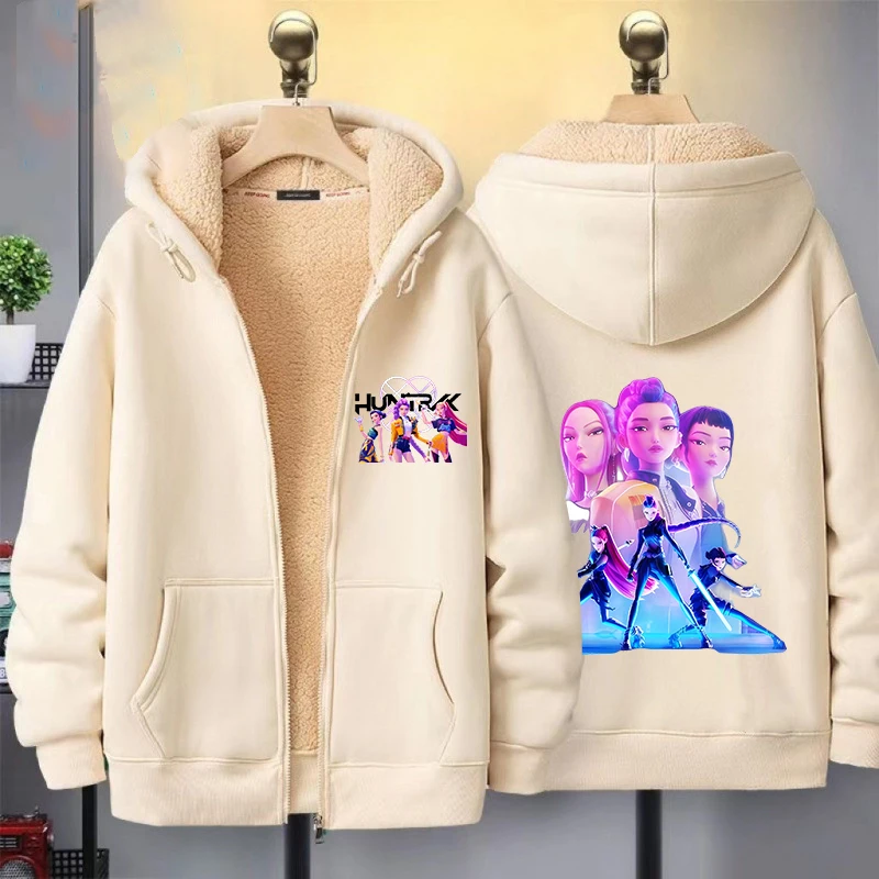 

KPop Demon Hunters толстовка с капюшоном на молнии для девочек зимняя теплая куртка женская толстая уличная одежда большого размера повседневное пальто с капюшоном топ