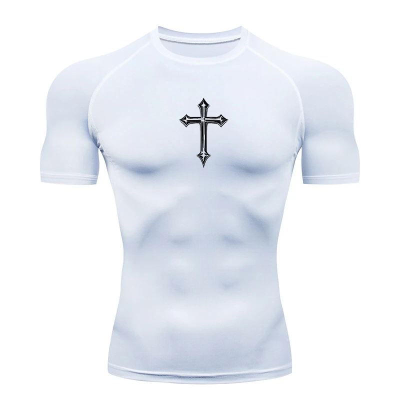 Cross Print Compression Shirt for Men Christian Athletic Tshirt Tees Tops Gym Workout Running Baselayers Undershirts Rash Guard