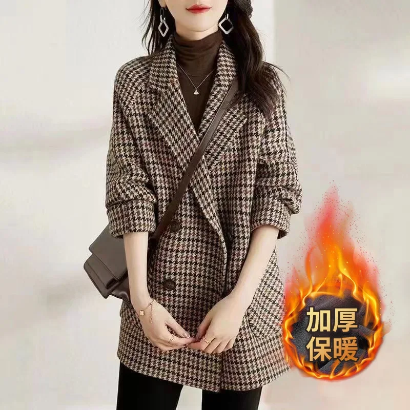 Woolen Coat Vintage Houndstooth Blazer Women Fall Fashion Korean Slim Plaid Suit Loose Luxury Design Double Breasted Jacket