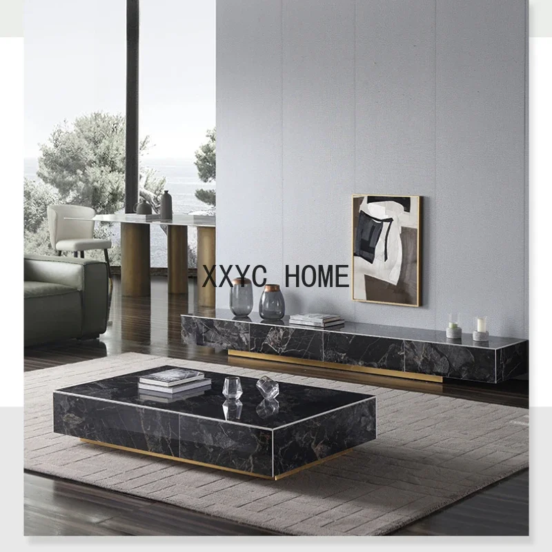

Stone Plate TV Cabinet And Tea Table Combination Light Luxury Luxury Stone Stone Plate Floor Cabinet