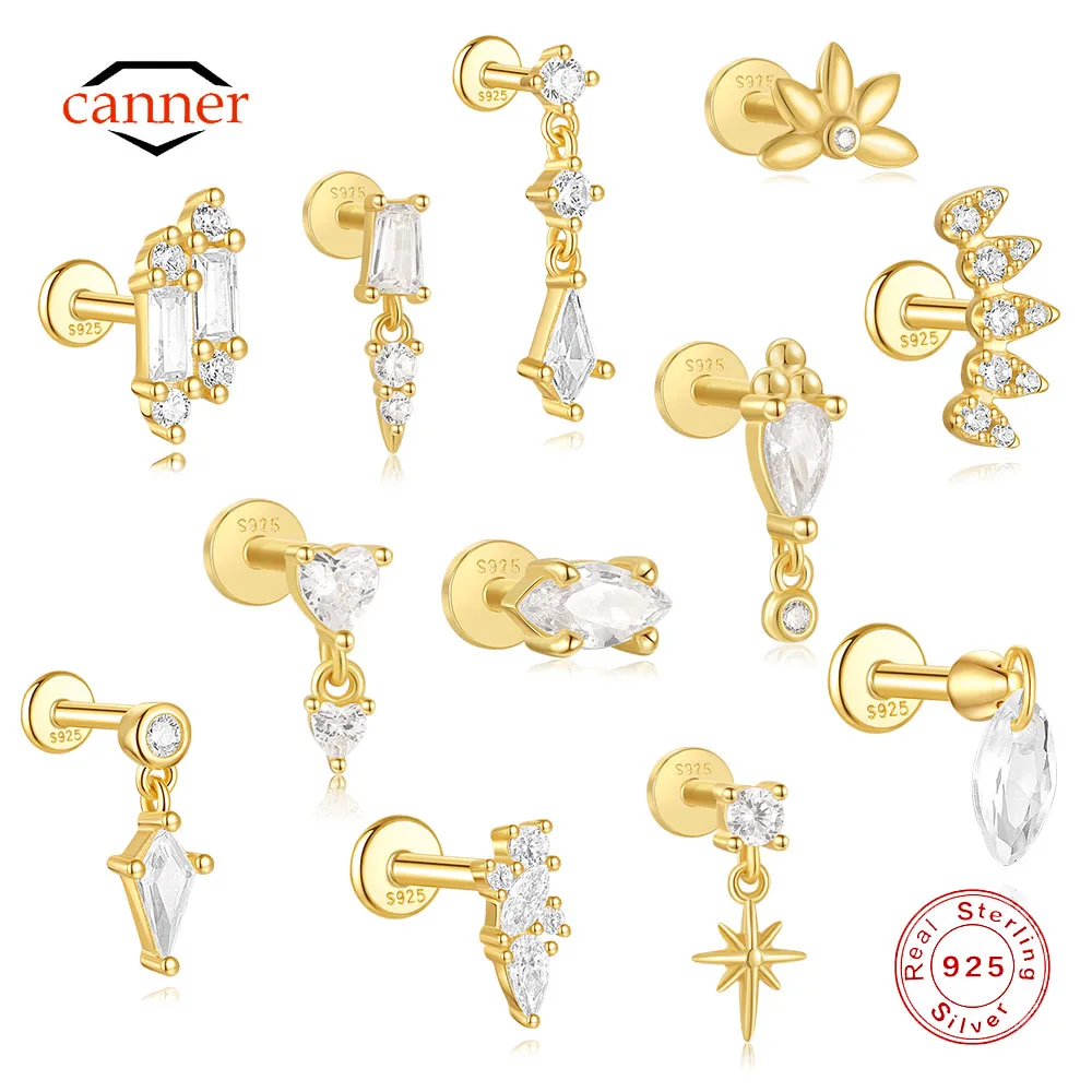 CANNER 1PC 925 Sterling Silver Crown Minimalism Tassel Piercing Stud Earring Dla kobiet Ins Rhombus Horse Eye Zircon Earring Gift