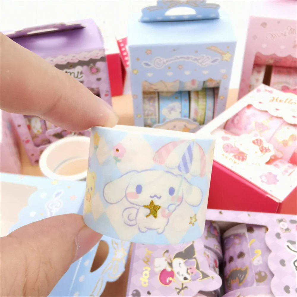 10Roll/Box Sanrio Stickers Roll Box Kuromi Cinnamoroll Hello Kitty Scrapbook Reward Sticker Label Decal Handmade Gifts Kids Toys