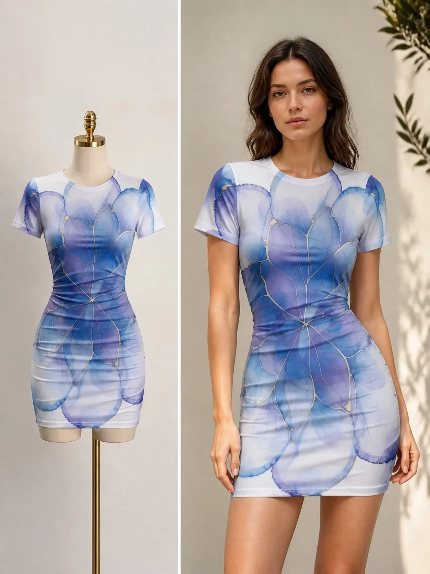 Women Watercolor Blue Purple Big Flower Print Bodycon Mini Dress Short Sleeve O Neck Slim Summer Party Club Dress