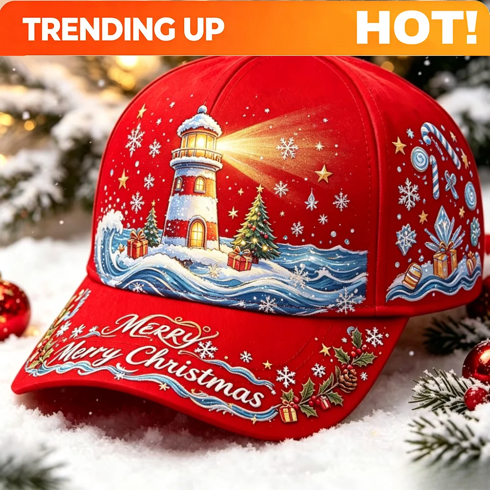 Custom Red Christmas Lighthouse Baseball Cap Merry Christmas Ocean Wave Snowflake Print Trucker Hat Xmas Gift Candy Cane