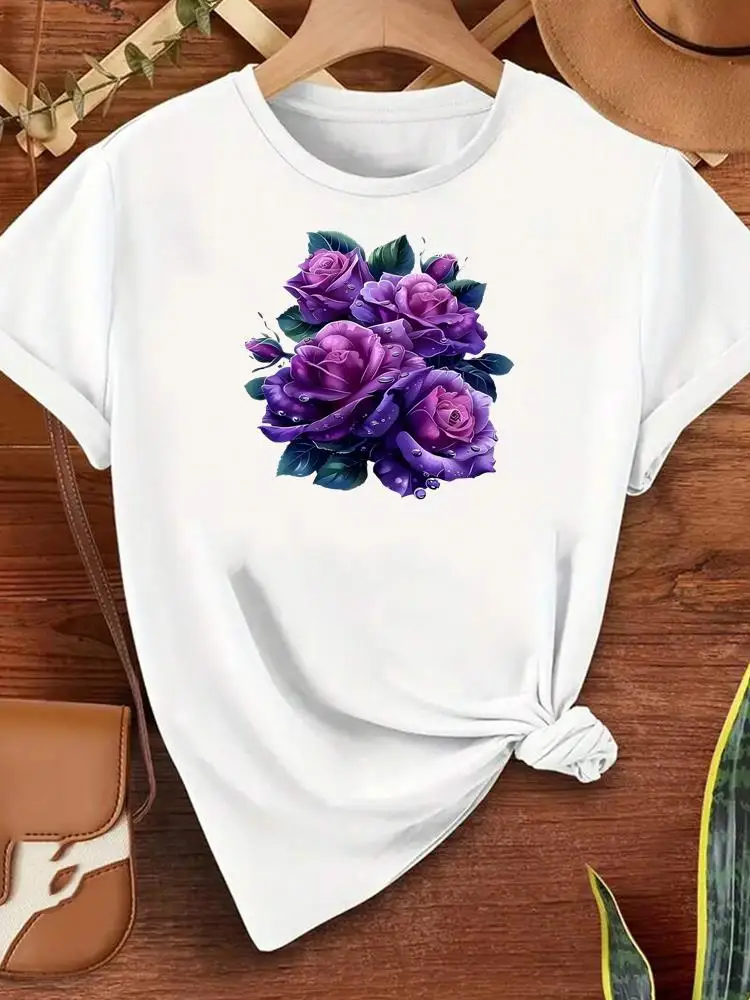 Modne słodkie kwiatowe koszulki damskie z okrągłym dekoltem, popularne, codzienne, z nadrukiem, z krótkim rękawem, odzież, moda damska, graficzne t-shirty.