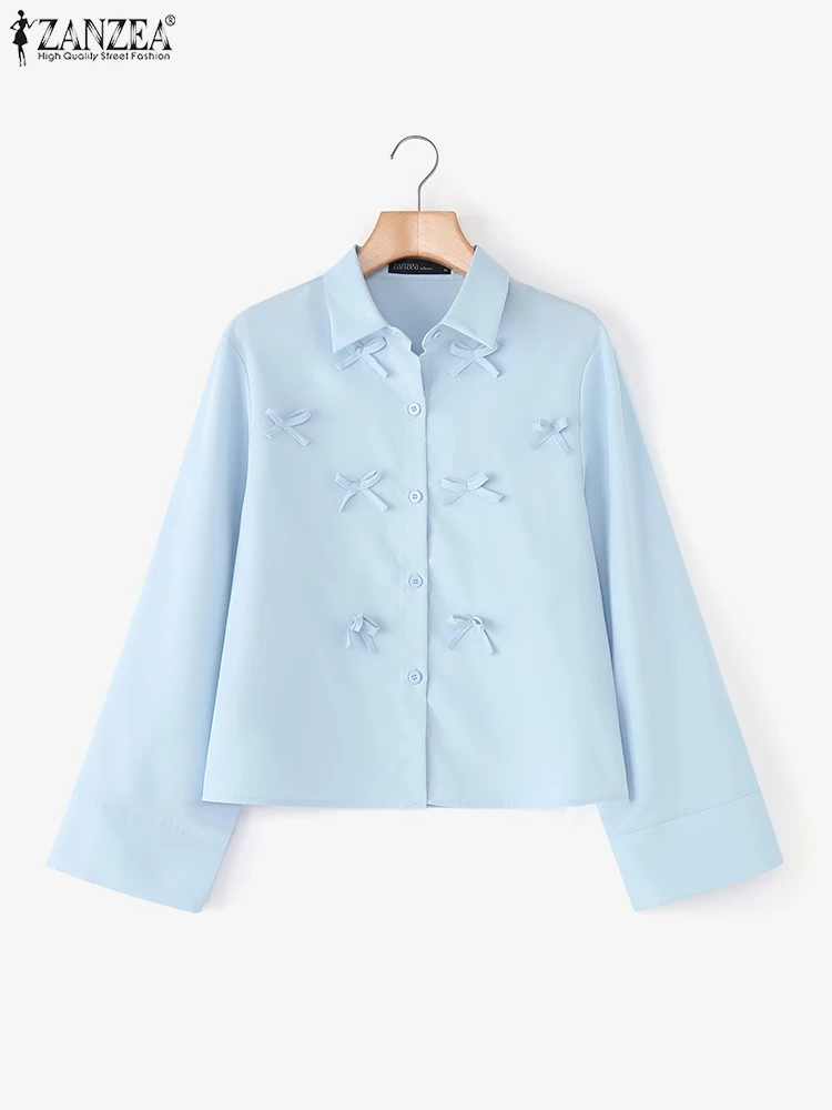 ZANZEA Fashion Women Long Sleeve Shirts Solid Color Bow Blouse 2025 Elegant Office Lady Tops Autumn Korean Blusas Streetwear