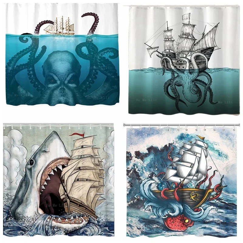 Horror Octopus Ocean Funny Monster Pirate Rustic Coastal Shark Attacks Sailboat Sea Wave Theme Shower Curtain Bathroom Decor