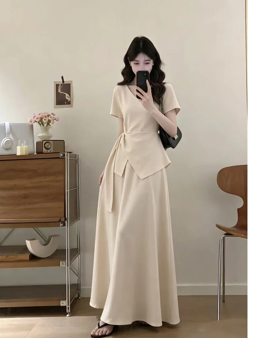 

plus Size Women's Vintage High Waist Belted V-Neck Top And Skirt Set Summer New Style Elegant Atmosphere Korean Loose Fit